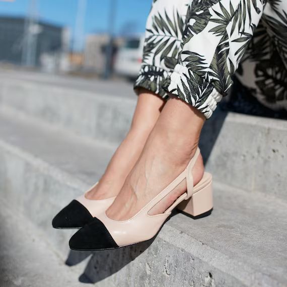 Calla - leather block heels,two-tone pumps,beige with black shoes,pointed toe slingback,closed to... | Etsy (US)