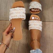 Faux Pearls Detail Flat Slide Sandals | SHEIN