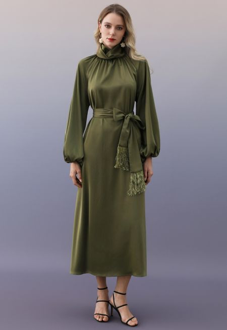Refined Twist Knot Collar Maxi Dress with Tassel Sash in Army Green | Chicwish