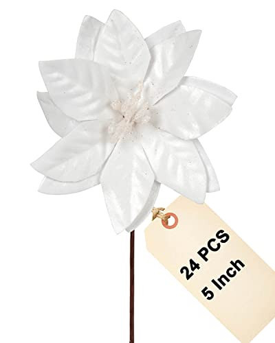 vensovo 5 Inch White Christmas Poinsettia Flowers for Tree - 24PCS Christmas Flowers Artificial with Stem for Tree Skirt Christmas Decorations, Christmas Ornament Picks Good for Christmas Tree | Amazon (US)
