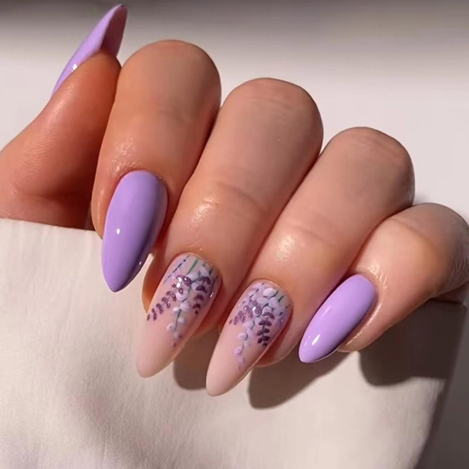 Spring Press on Nails Short Almond Fake Nails with Floral Designs Purple Nails Press ons Glossy G... | Amazon (US)