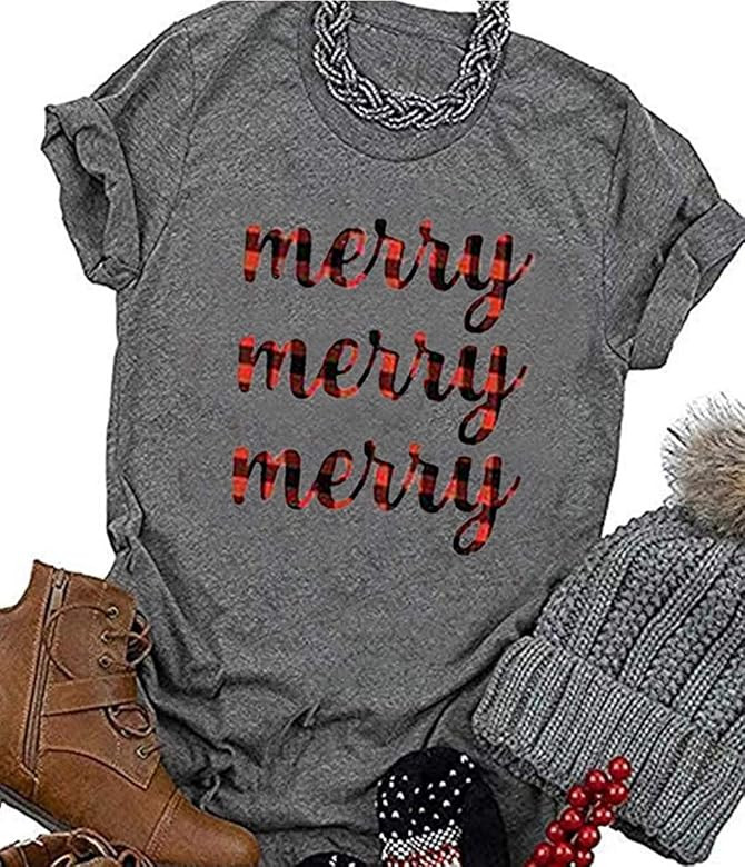 Christmas Shirt Womens Buffalo Plaid Merry Letter Print Short Sleeve Graphic Blouse Tops | Amazon (US)