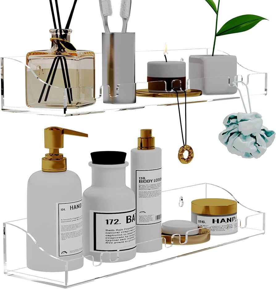 XQIGI Acrylic Shelves Bathroom 2 Pack Clear Shower Floating Shelf with Hooks Transparent Wall Mou... | Amazon (US)