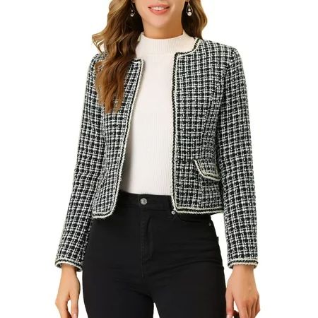 Allegra K Women s Plaid Tweed Blazer Long Sleeve Open Front Work Office Short Jacket | Walmart (US)