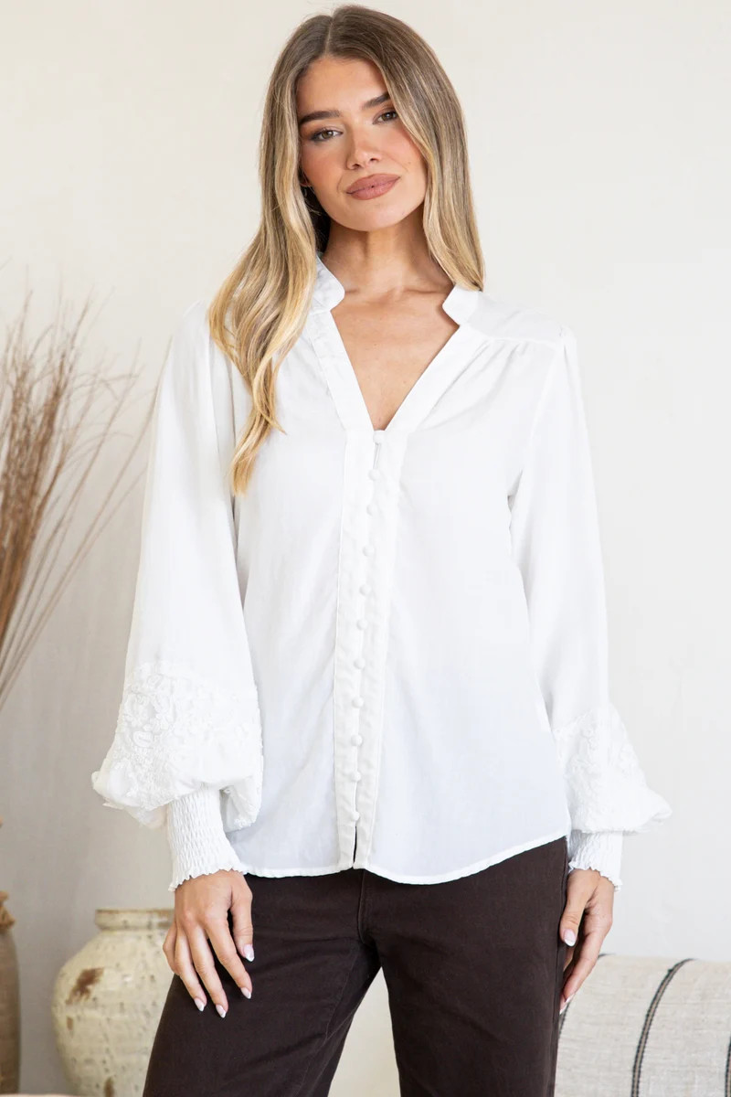 Beldon Blouse in White | High Mandarin Collar Button Down with Lace Motif Balloon Sleeves and Shi... | Salty Crush