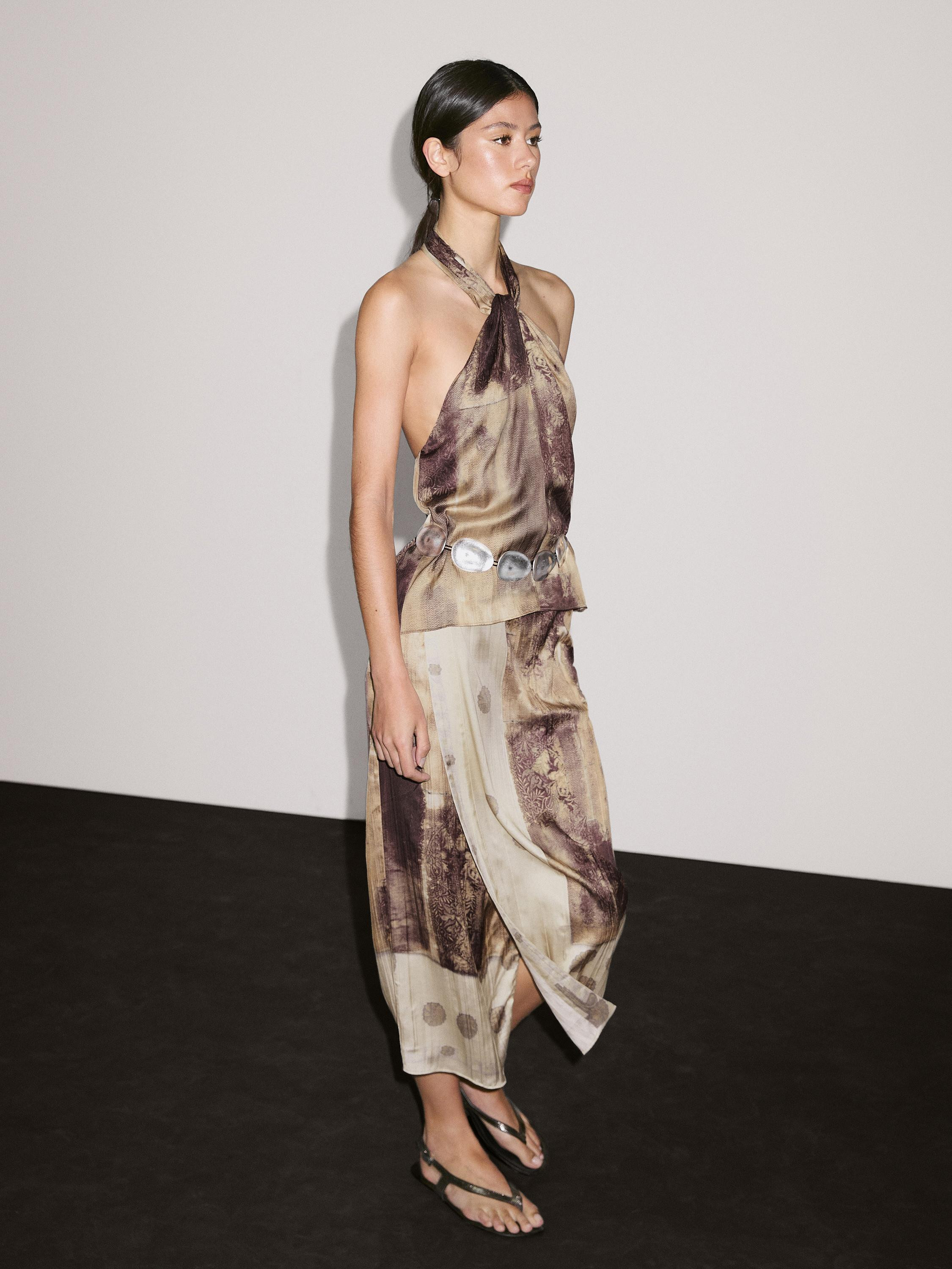 Printed satin midi skirt | Massimo Dutti UK