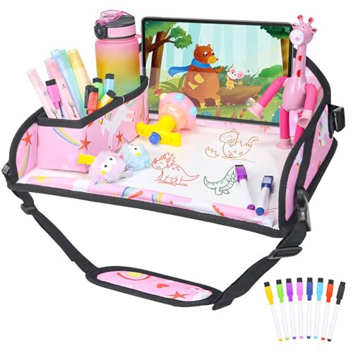 DxTing Kids Travel Tray for Car Airplane - Car Seat Tray for Kids Travel, Toddler Carseat Lap Table, Road Trip Essentials, Lap Desk for Kid Roadtrip Activities, Pink Unicorn | Amazon (US)