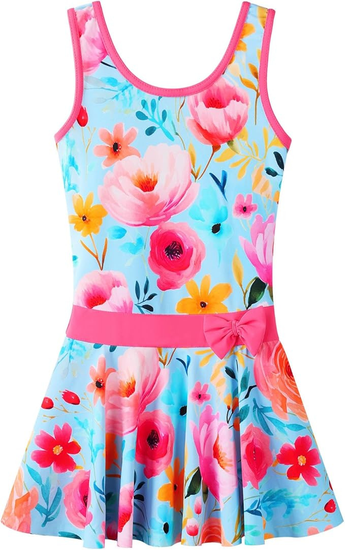 Girls Swimsuit One Piece UPF 50+ Floral Skirted Bathing Suit Modest Beach Swim Dress 3-11 Years | Amazon (US)