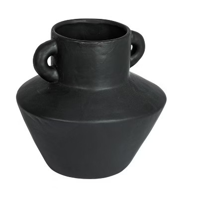 Storied Home Round Stoneware Vase with Reactive Glaze Finish and Vertical Handles, Black | Target