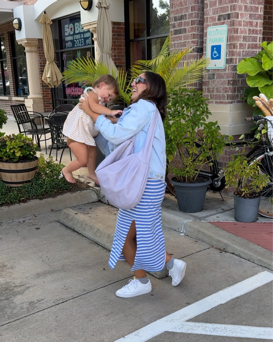 Outfit details 👇🏼  comment SHOP for links to your inbox 🤗
Dress is pact and I’m in a large! Denim jacket is older but I’ve shared some similar oversized jackets 💙 white nikes are TTS and socks are Amazon! Bag is free people and they have lotsss of colors available - love that it fits all my CRAP 🤣

#LTKMidsize #LTKItBag #LTKWorkwear