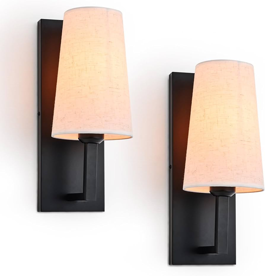 Black Wall Sconce Set of 2 with Linen Fabric Shade,Farmhouse Hardwired Wall Mounted Lamp,Modern I... | Amazon (US)