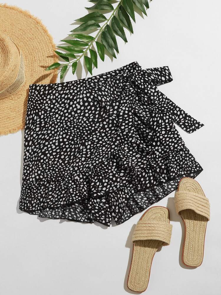 SHEIN VCAY Dalmatian Print Ruffle Hem Wrap Knot Skort | SHEIN
