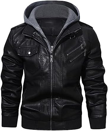 HOOD CREW Men’s Casual Stand Collar PU Faux Leather Zip-Up Motorcycle Bomber Jacket With a Remo... | Amazon (US)