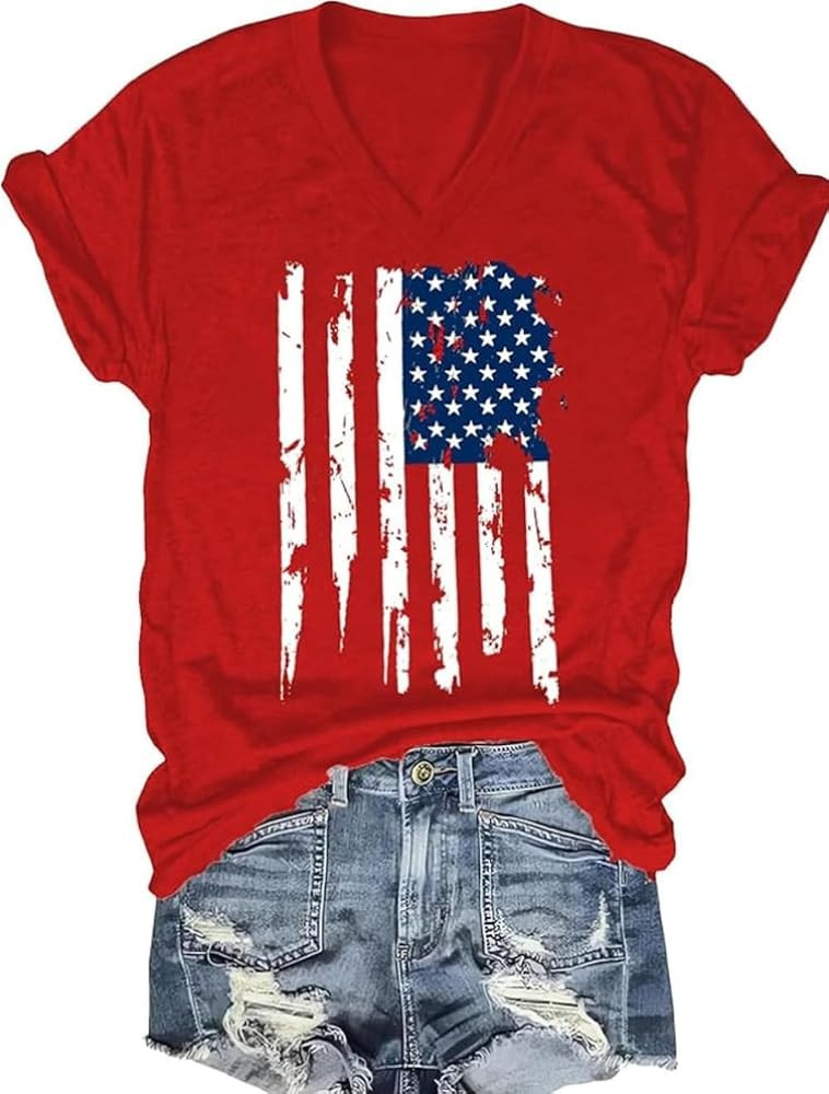 Women's USA Flag V-Neck Shirt 4th of July Graphic Tee American Flag Casual Short Sleeve Summer Pa... | Amazon (US)