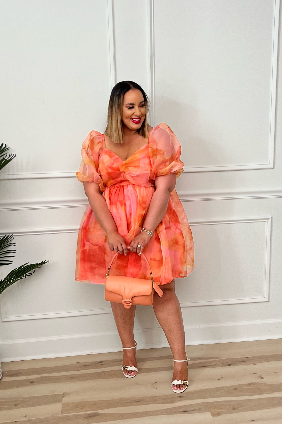 Brunch, dress, summer, wedding guest, orange, sunset, yellow, plus, curvy, pink, tangerine, eloquii 