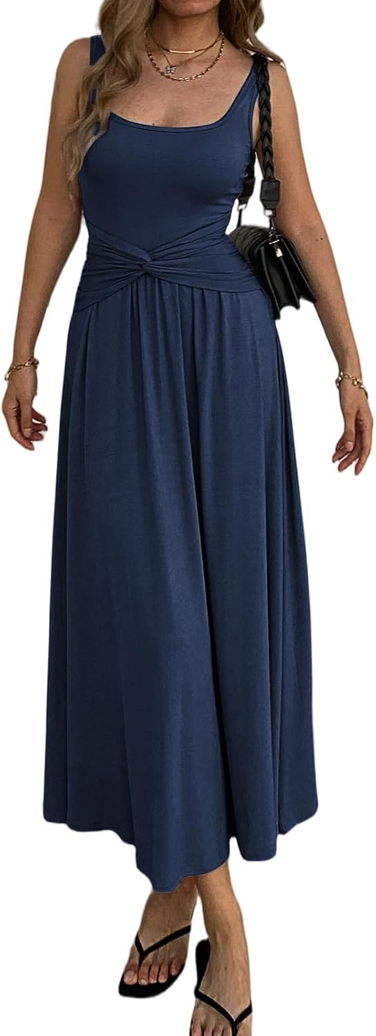 Mieazom Women's Summer Mock Knot Front Maxi Dress Sleeveless Square Neck Corset Ruched Waist Emipre Flowly Casual Dresses | Amazon (US)