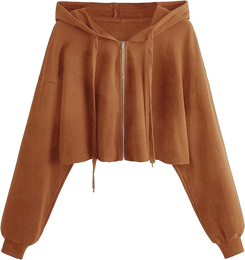 Verdusa Women's Casual Long Sleeve Zip Up Crop Drawstring Hooded Sweatshirt | Amazon (US)