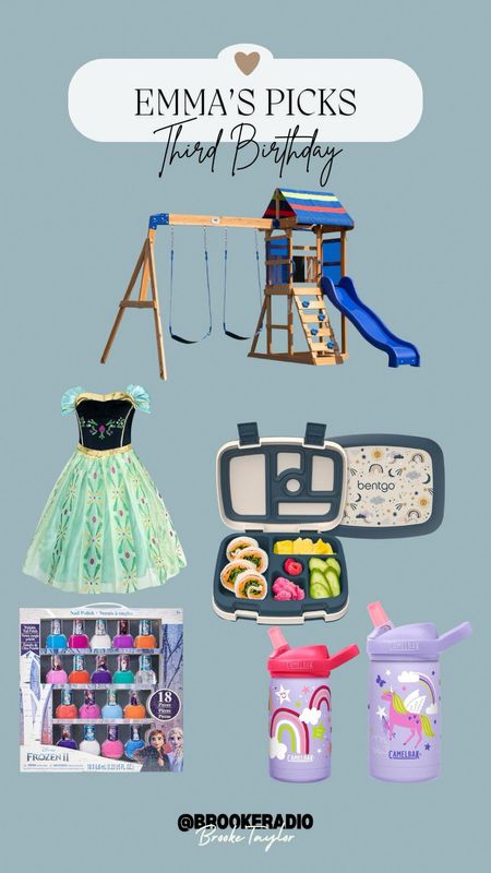 My daughter turns three next weekend and she’s got quite the wish list for her 3rd birthday.

Emma wants a playground for the backyard, this one from Amazon is affordable and not too big!

She wants a new lunchbox and water bottle for school, an Anna from frozen dress and nail polish!!



#LTKGiftGuide #LTKFamily #LTKKids