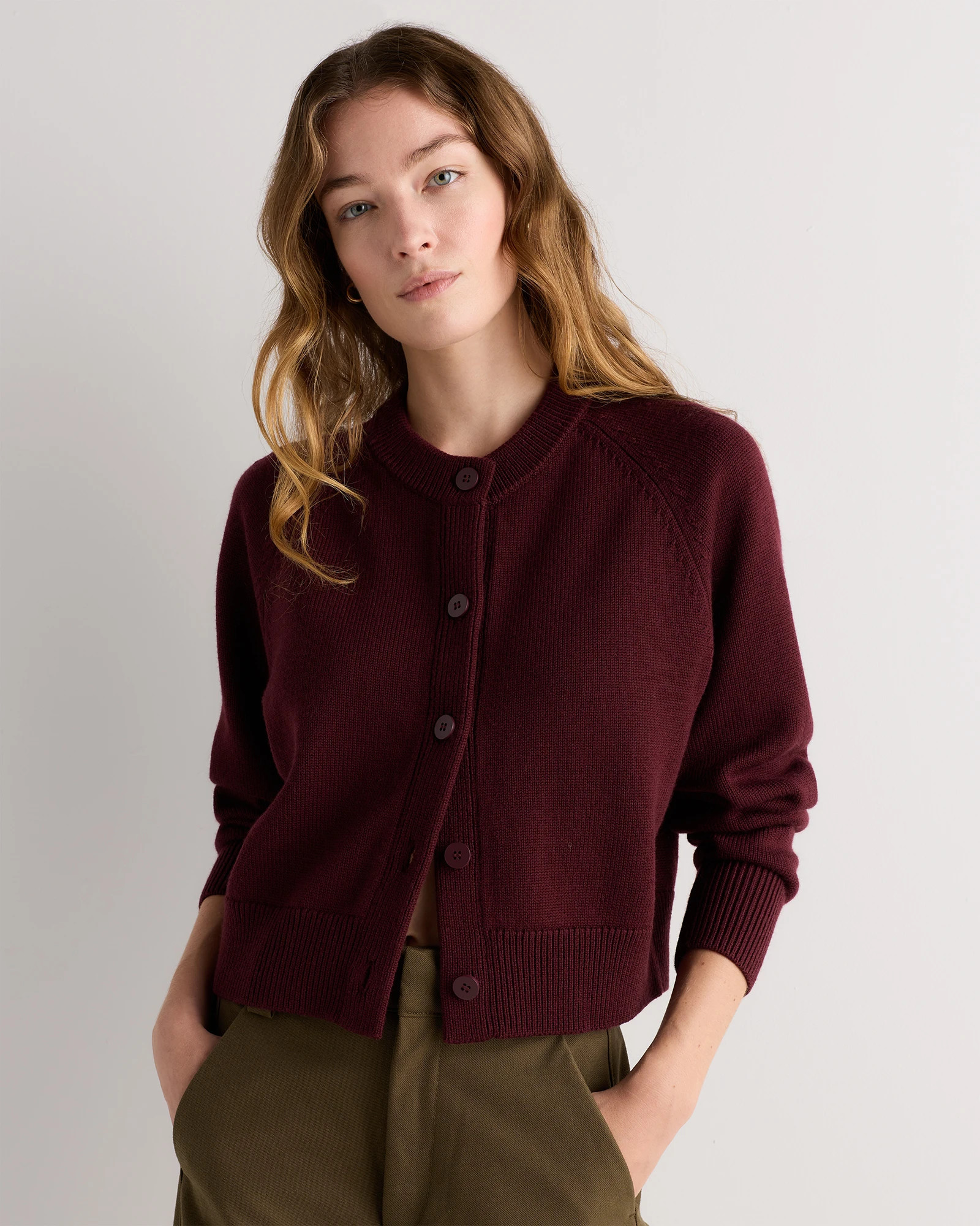 Quince | Women's Australian Merino Wool Raglan Crewneck Cardigan Sweater in Heather Grey, Size Medium | Quince