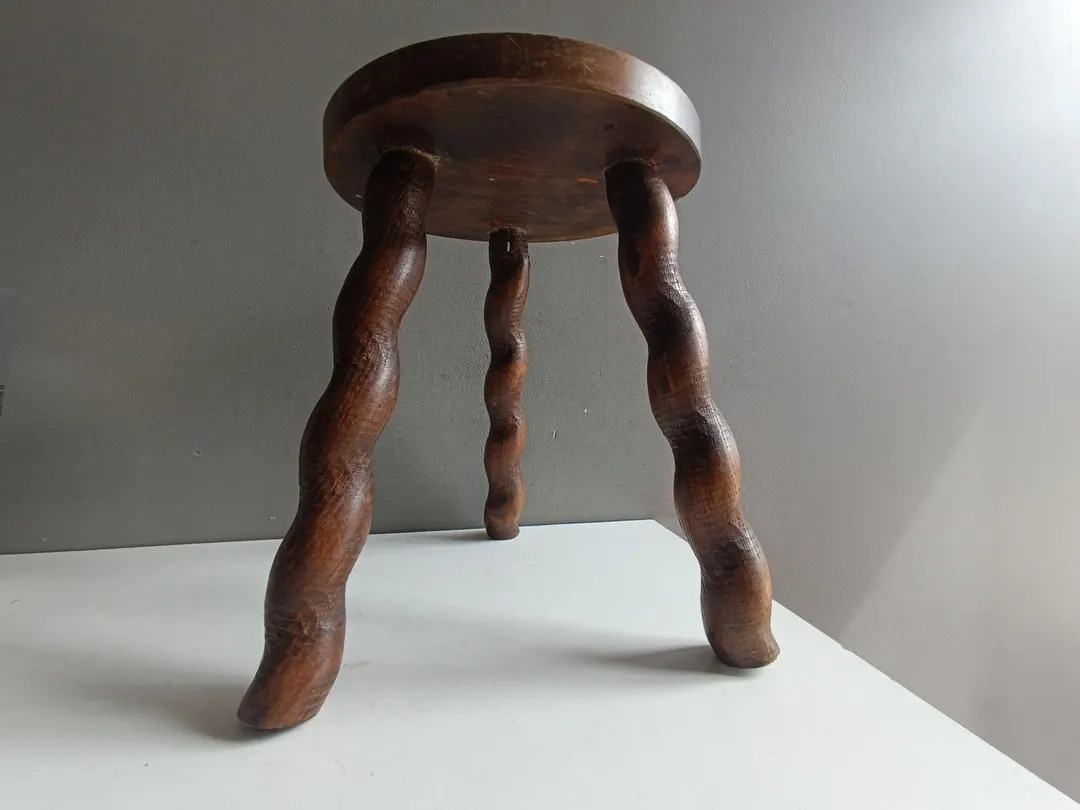 French Vintage Turned Twisted Wood Stool Farmhouse Mid Century Brutalist / Screw Spiral Tripod Ru... | Etsy (US)