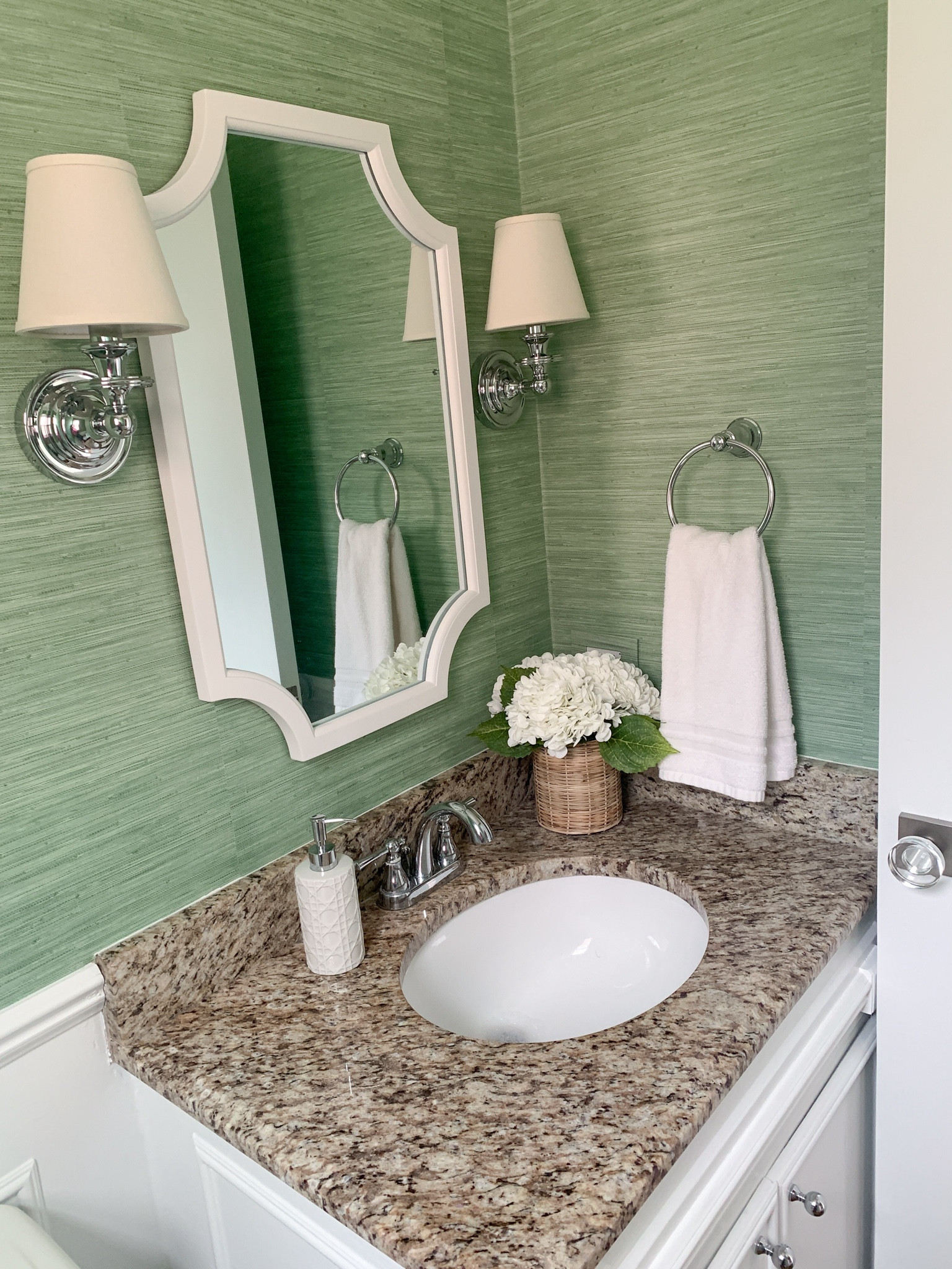 Powder bath details- the most realistic hydrangeas!  Peel and stick grasscloth wallpaper, sconces

#LTKhome #LTKfindsunder50