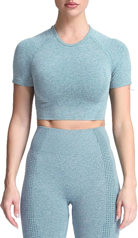 Aoxjox Women's Workout Vital Short Sleeve Seamless Crop Top Yoga Gym Sport Shirts T Shirt | Amazon (US)