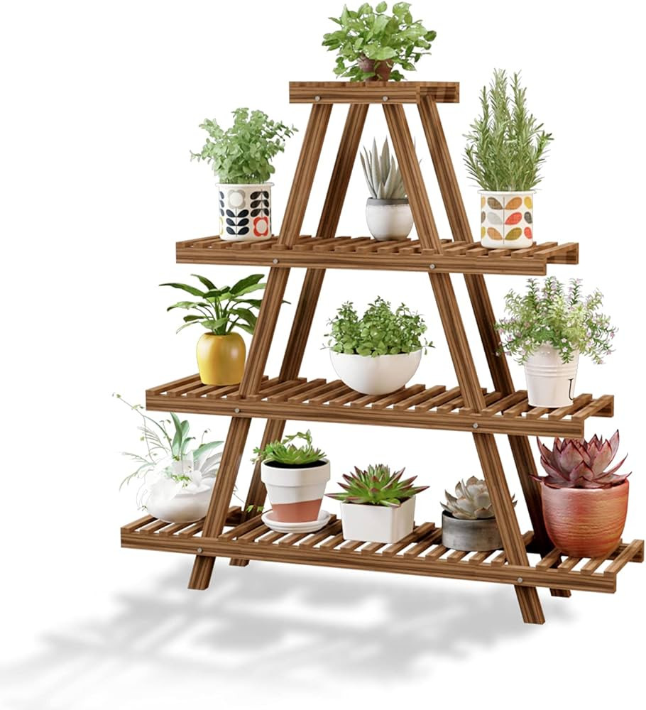 TESOURO 4 Tire Plant Stand, Indoor Outdoor 12 Potted Tall Large Wood Plant Shelf, Flower Holder L... | Amazon (US)