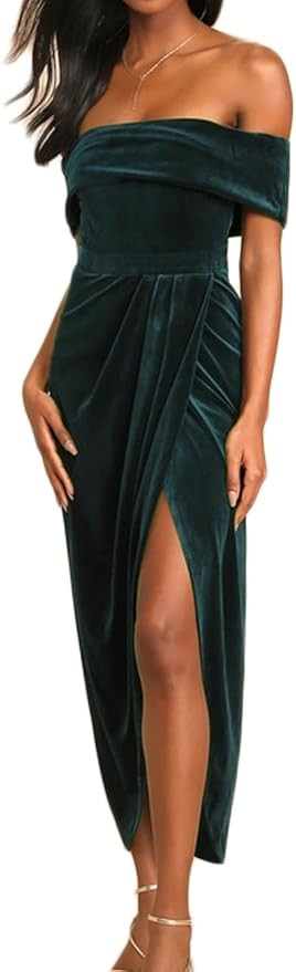 Realtix Elegant Velvet Ruched Bodycon Wrap Off The Shoulder Dresses for Women Sexy High Slit Cock... | Amazon (US)