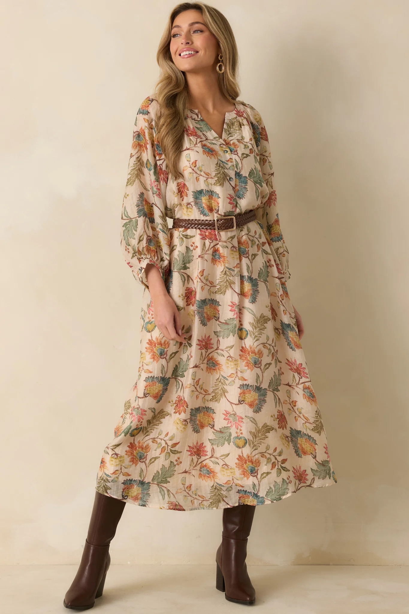 Among the Wildflowers Beige Multi Floral Print Long Sleeve Maxi Dress | Red Dress