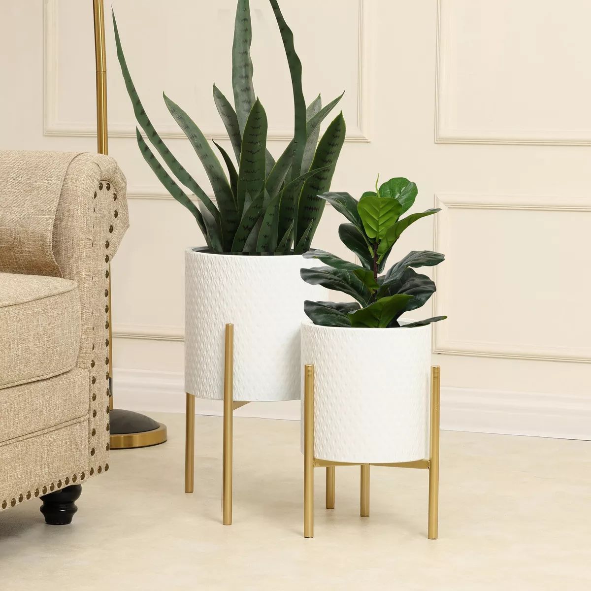 LuxenHome White Metal Cachepot Planters Set with Gold Stands | Target
