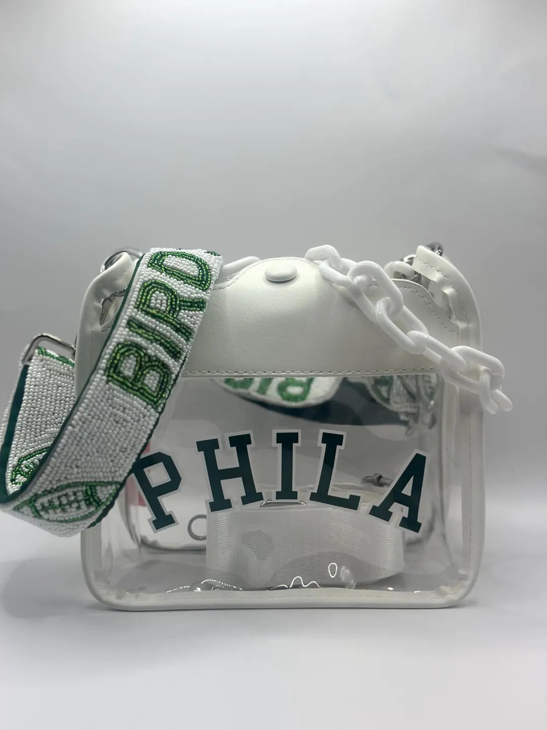 Phila Clear Stadium Approved Crossbody Bag with White and Green “BIRDS” Beaded Strap | Etsy (US)