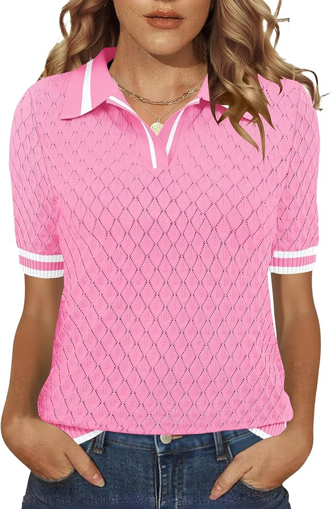 Rapbin Womens Short Sleeve Knit Polo Shirt Summer Spring Lightweight Sweater Top Business Casual | Amazon (US)