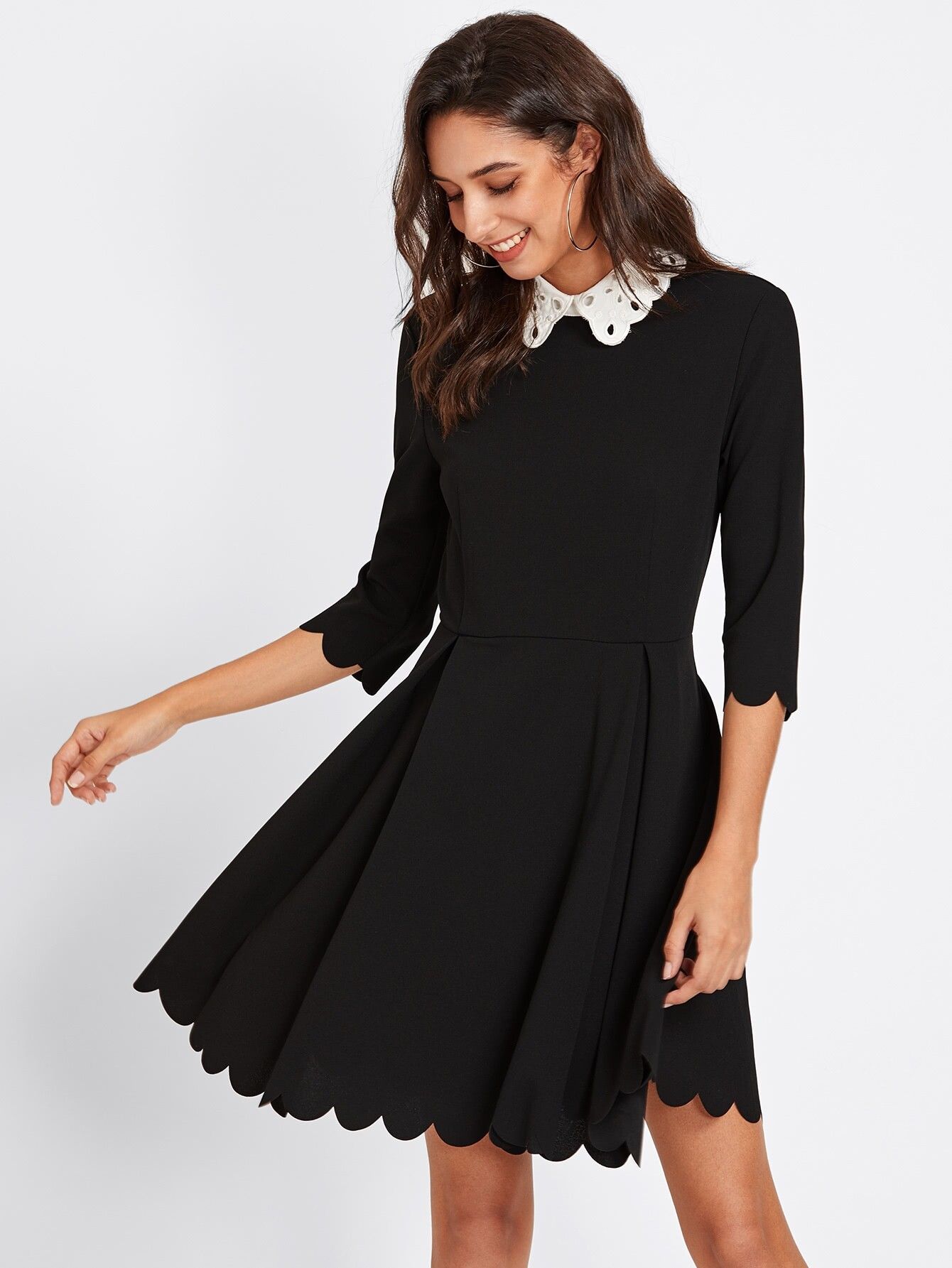 Contrast Eyelet Embroidered Collar Scalloped Dress | SHEIN