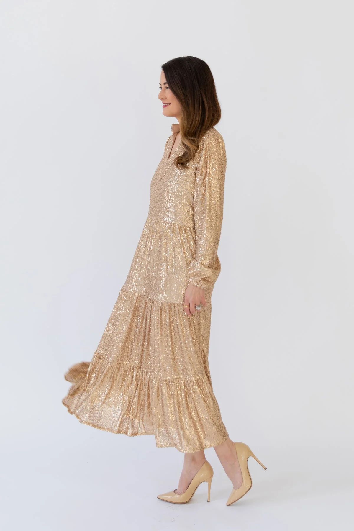 Gold Anne Sequin Midi Dress | Sail to Sable