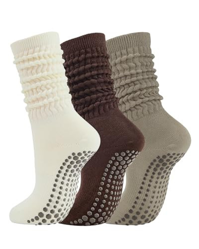 Century Star 3-Pack Pilates Yoga Socks with Grips for Women-Non Slip Scrunch Barre Dance Hospital Long Cozy Maillard Socks | Amazon (US)