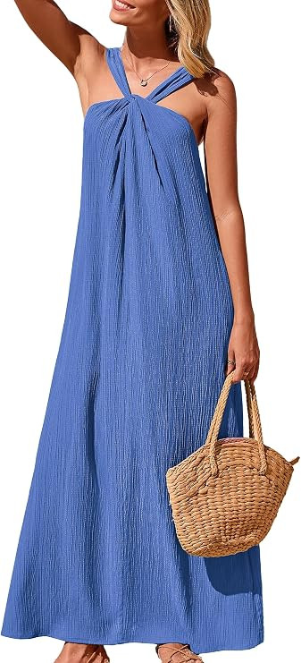 Kikibell Women's Summer Sleeveless Halter Sundress with Pockets Casual Strappy Beach Vacation Loo... | Amazon (US)