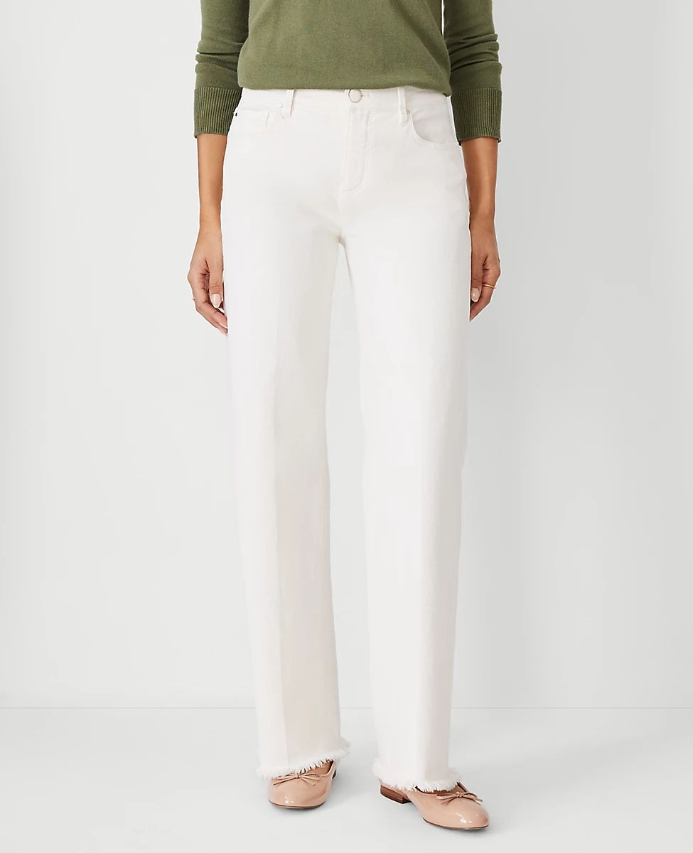 AT Weekend Frayed Mid Rise Wide Leg Jeans in Ivory | Ann Taylor (US)