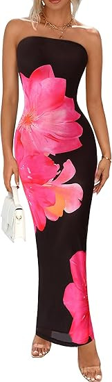 PRETTYGARDEN Women Summer Strapless Maxi Dress Bodycon Floral Sexy Long Wedding Guest Dress Forma... | Amazon (US)