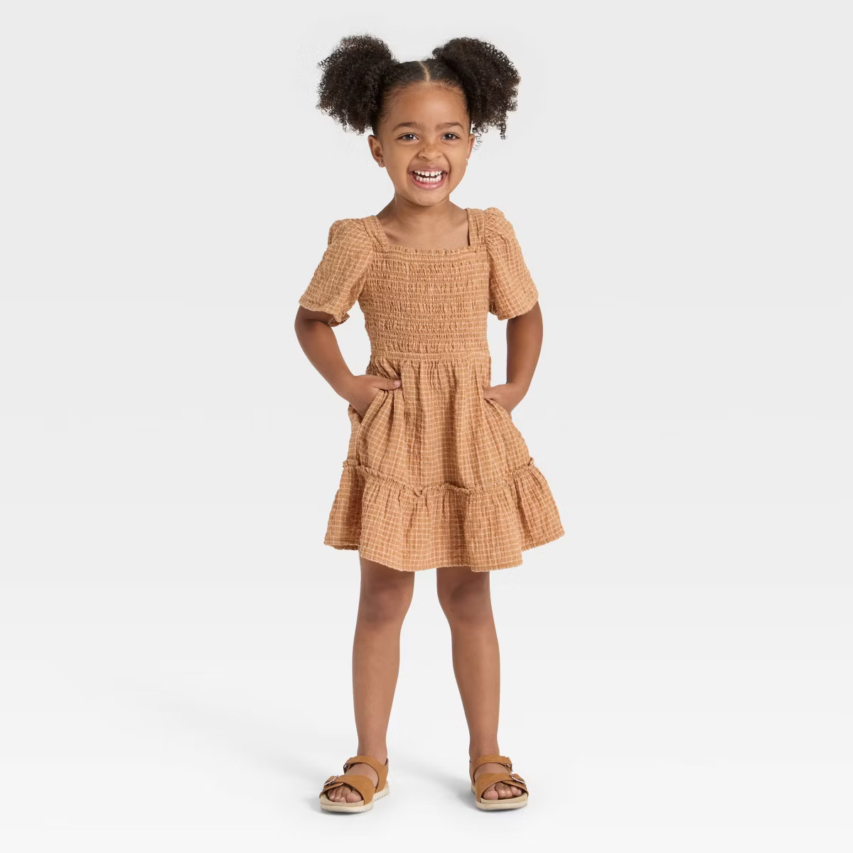 Toddler Girls' Short Sleeve Windowpane Dress - Cat & Jack™ Brown | Target