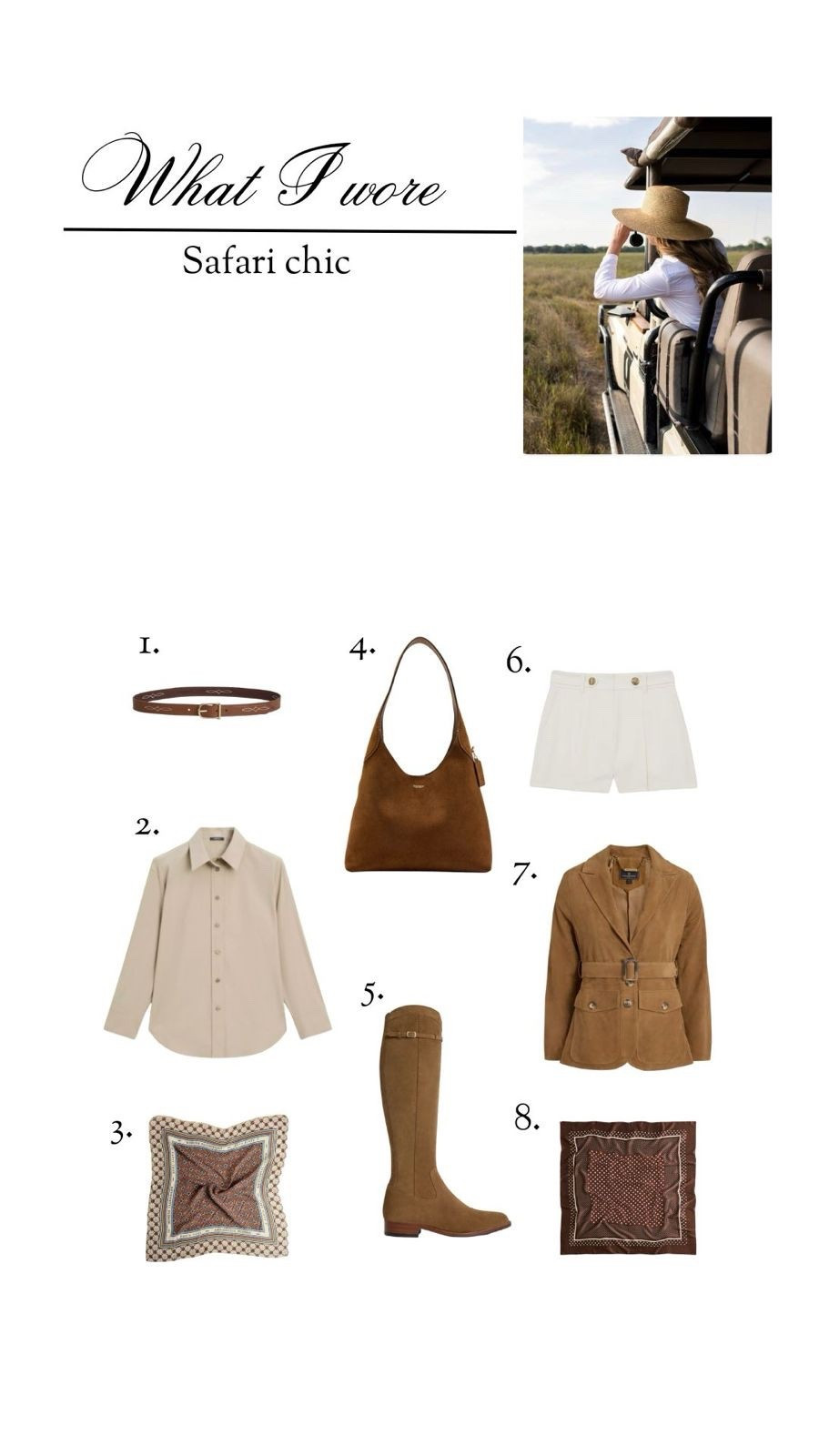 What I wore: Safari Chic 

Safari Inspired Outfit, Holiday Style, South Africa, Cotton T-shirt, Suede Bag, Suede Jacket, Knee High Boots, Satin Scarf, Tailored Shorts  

 

#LTKuk #LTKstyletip #LTKtravel