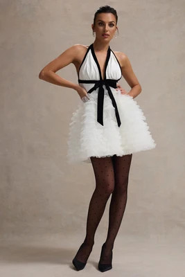 Eclair | Black & White Plunge-Neck Mini Dress With Tulle Skirt | Club L London