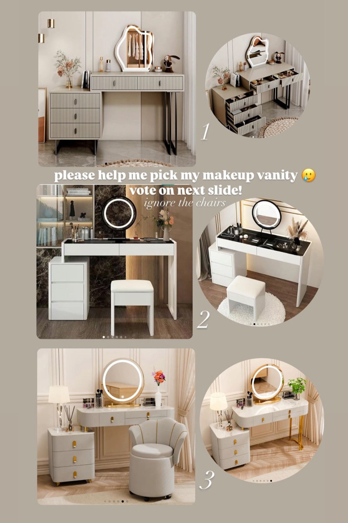 My makeup vanity options! I found the actual ones on tiktok shop (saved to my showcase over there), but these are the same or very similar ones on other sites! 