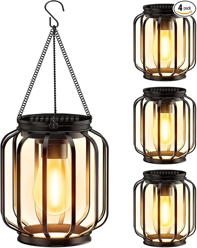 Amazon.com: Solar Hanging Lanterns Outdoor Waterproof: 4 Pack Metal Solar-Powered Lights with Hoo... | Amazon (US)