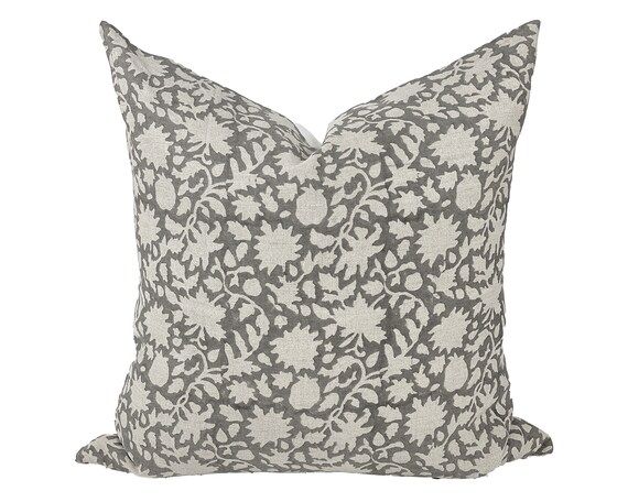 WREN | Designer Soft Grey Tan Floral Linen Pillow Cover, Block Print Pillow, Modern Farmhouse Pil... | Etsy (US)