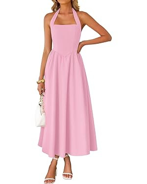 ZESICA Women's Summer Sleeveless Halter Midi Dress 2025 Off Shoulder High Waist Swing Flowy Beach... | Amazon (US)