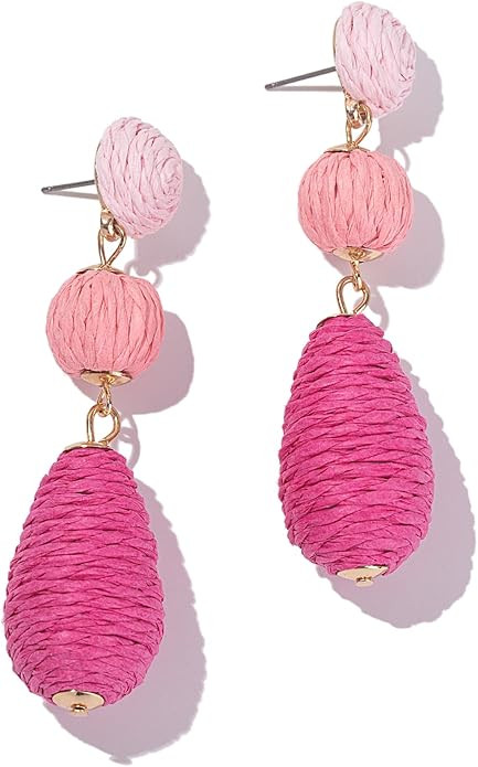 Boho Raffia Earrings Statement Dangle Earrings Cute Teardrop Ball Earrings Colorful Summer Jewelr... | Amazon (US)