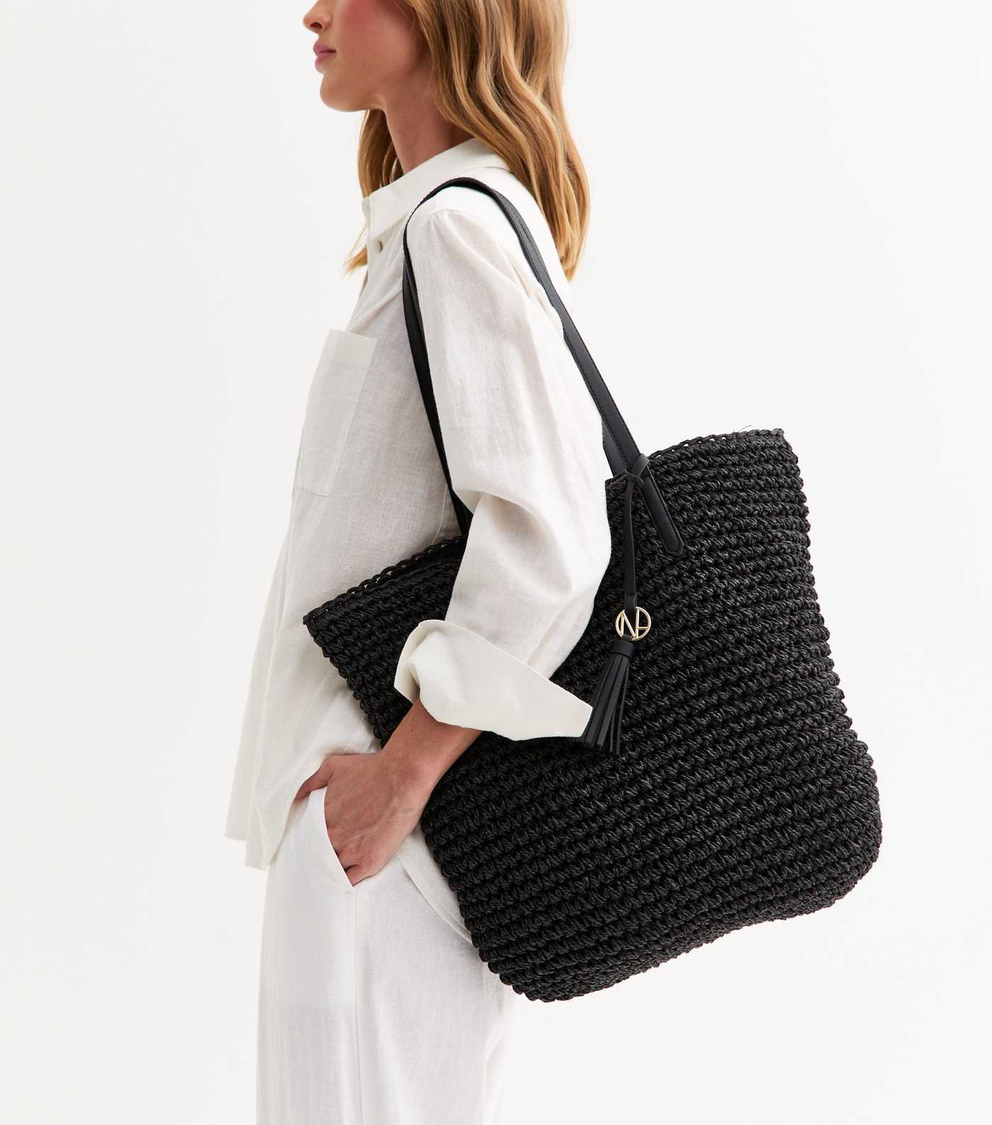 Black Raffia Look Logo Charm Tote Bag | New Look | New Look (UK)