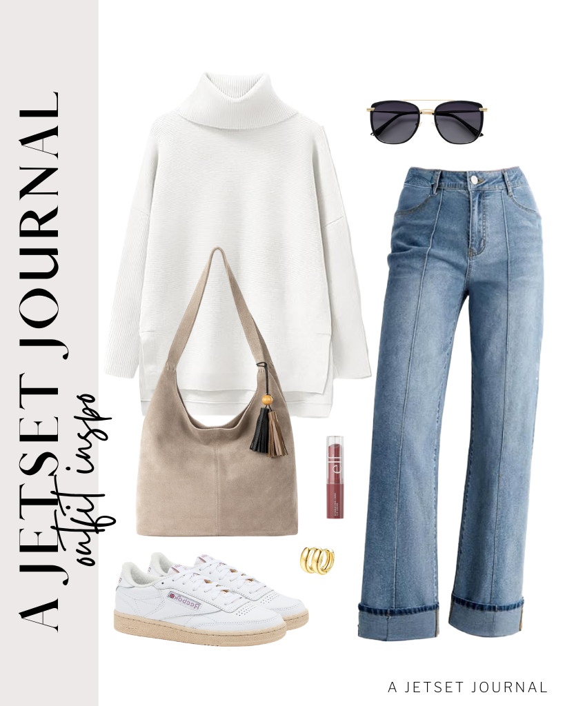A white turtleneck pullover pairs perfectly with light-wash jeans and Reebok tennis sneakers. These elegant huggie hoop earrings will balance the look. 

 #LTKSeasonal #LTKSaleAlert #LTKTravel