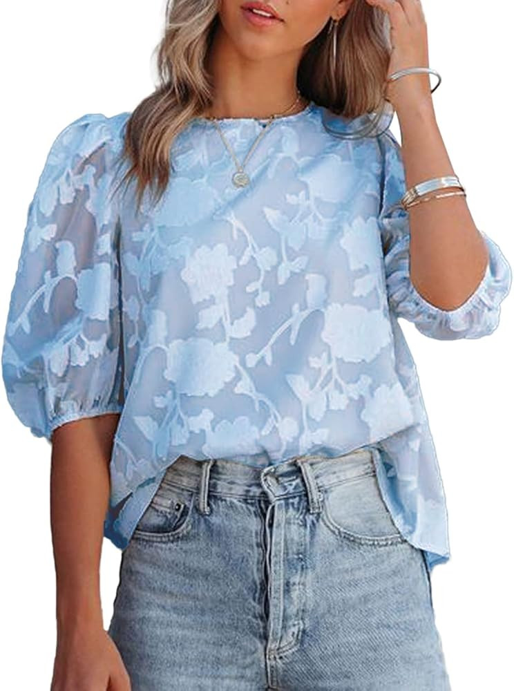 Women Elegant Floral Textured Blouses Round Neck Half Sleeves Tops Shirts | Amazon (US)