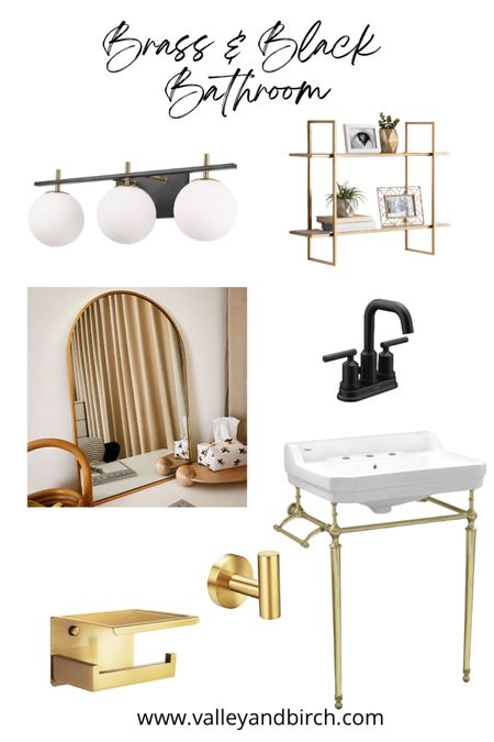 Black and brass bathroom inspiration!  I recently purchased the vanity light, black faucet, and toilet paper holder!  I also have a similar arched mirror.  Great quality and sleek, modern look!
#bathroomreno #modernbathroom #blackandbrass

#LTKhome